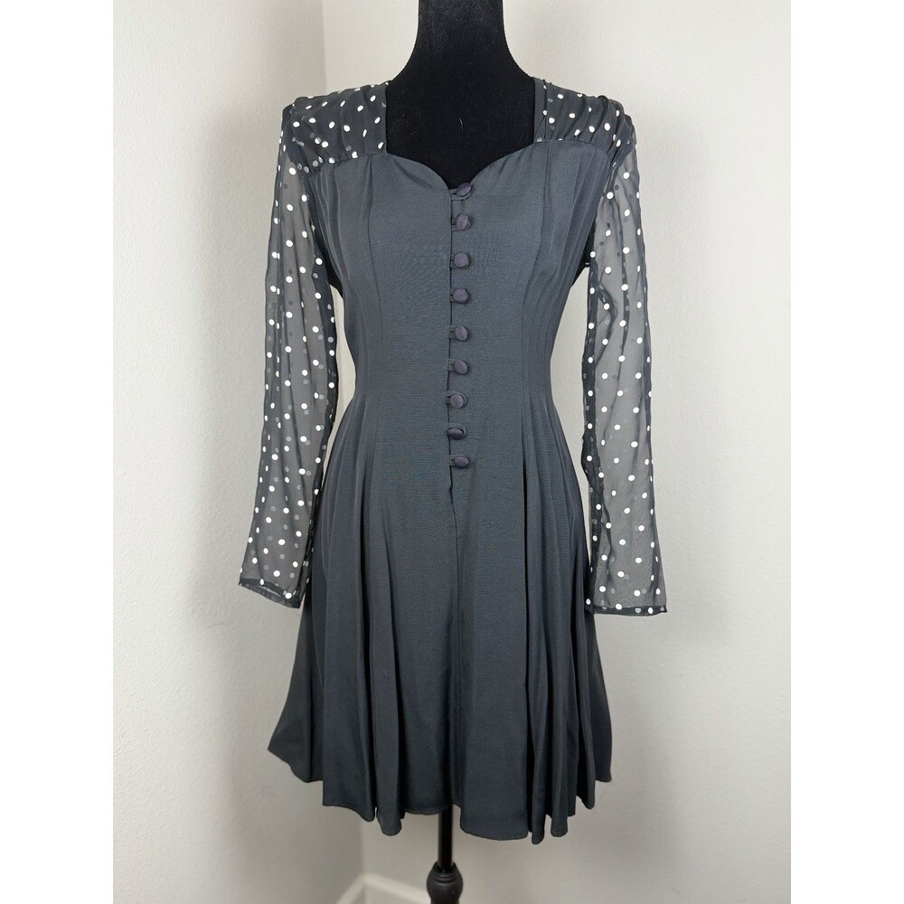 Vintage 80s Wayne Diamond Black Polka Dot Dress Sheer Sleeves Fit & Flare S/M